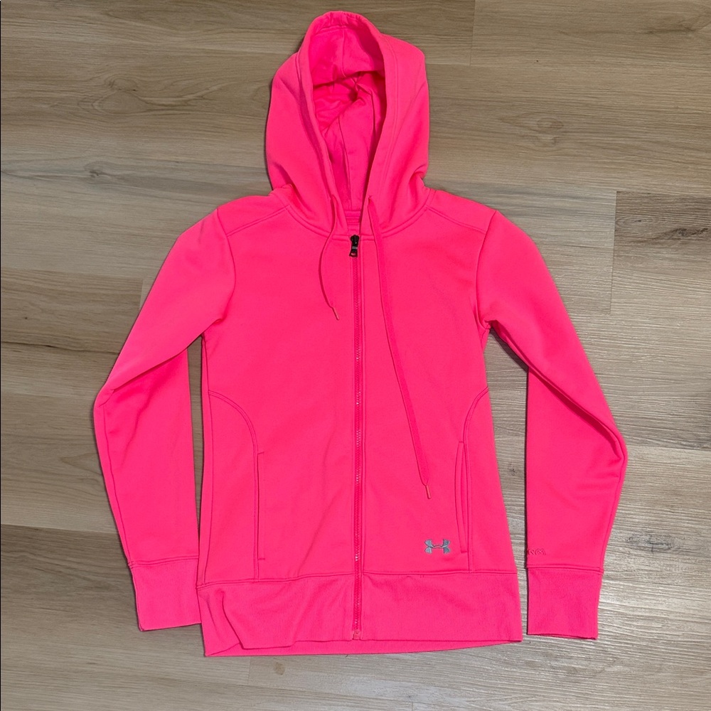 UA Storm Bright Neon Pink Zip-Up Hoodie Zip up Sweatshirt XS Semi fitted
